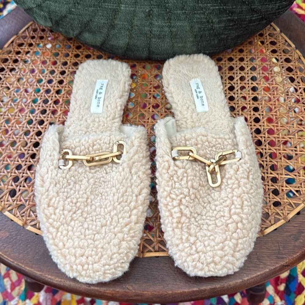 Rag & Bone Essex Ivory Cream Gold Detail Cozy Preppy Sherpa Slide Mule Shoes
